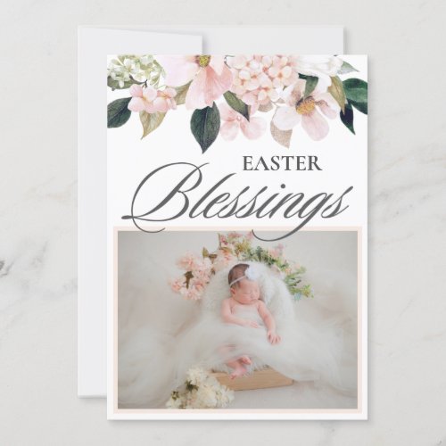Floral Easter Blessings Elegant Blush Photo Holiday Card