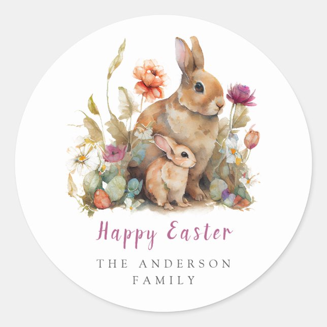Floral Easter Bunnies Classic Round Sticker (Front)