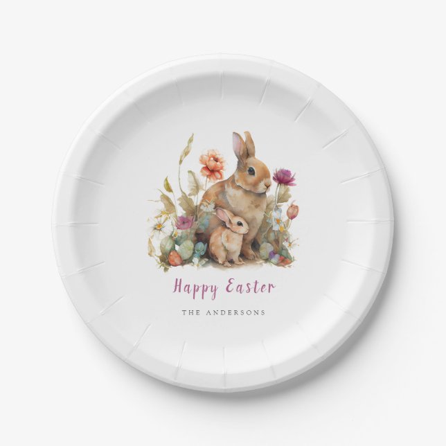 Floral Easter Bunnies Paper Plates (Front)
