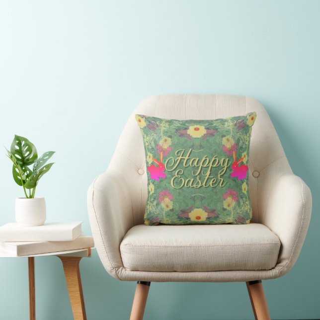 Floral Easter Bunnies w/Text Throw Pillow (Chair)