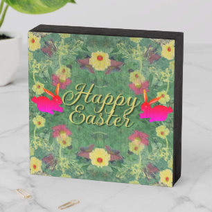 Floral Easter Bunnies w/Text Wooden Box Sign