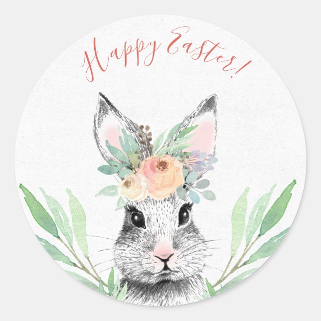 Floral Easter Bunny Classic Round Sticker (Front)