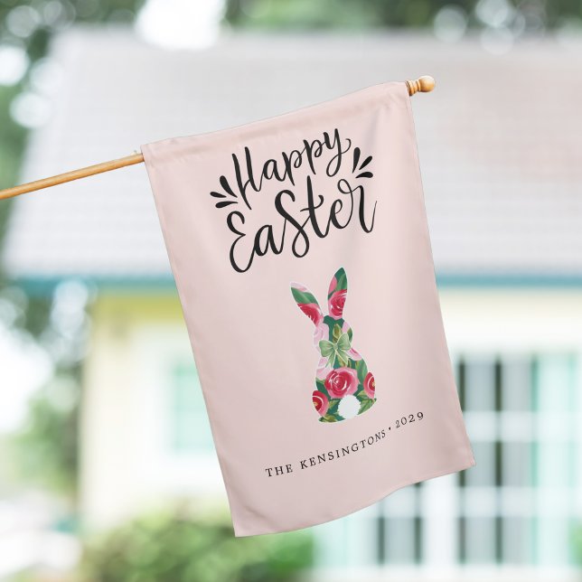 Floral Easter Bunny House Flag (Personalized Easter Floral Bunny Home Décor House Flag)