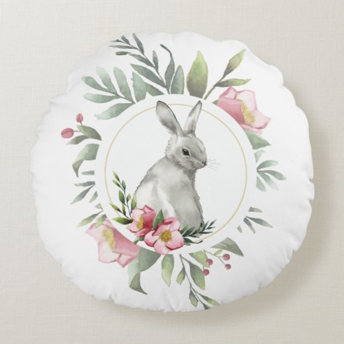 Floral Easter Bunny Round Pillow