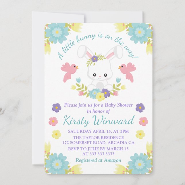 Floral Easter Bunny & Spring Birds Baby Shower Invitation (Front)