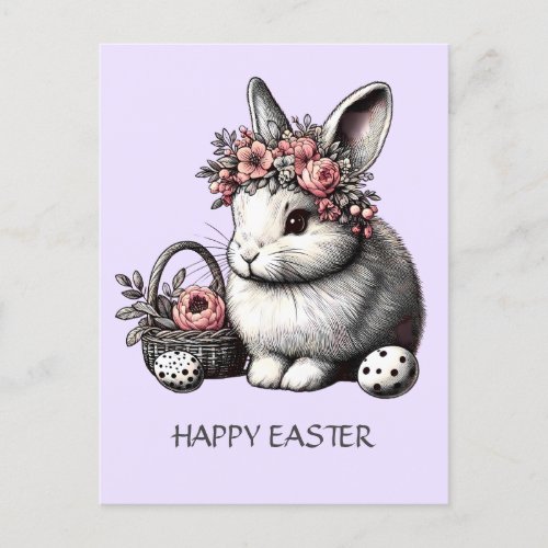  Floral Easter Bunny Thainking of you Lavender Holiday Postcard