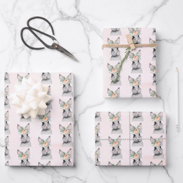 Floral Easter Bunny Wrapping Paper Sheets (Front)