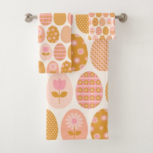 Floral Easter Egg Pattern in Boho Pink Yellow Gold Bath Towel Set