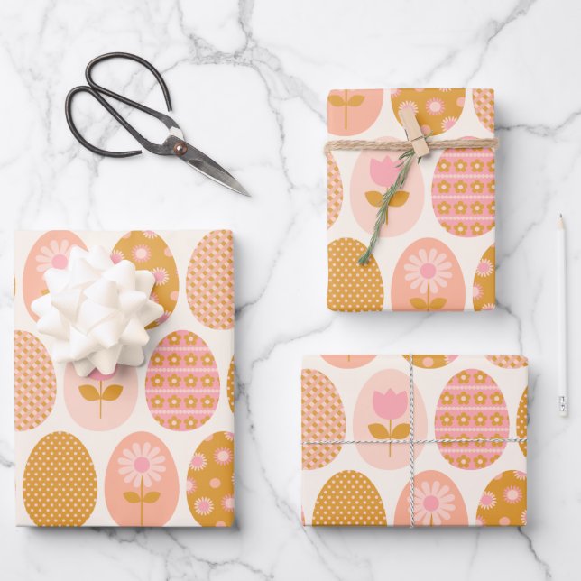 Floral Easter Egg Pattern in Boho Pink Yellow Gold Wrapping Paper Sheets (Front)