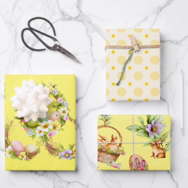 Floral Easter Eggs and Cute Bunnies Wrapping Paper Sheets (Front)