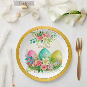 Floral Easter Eggs & Pink Roses Personalized Party Paper Plates