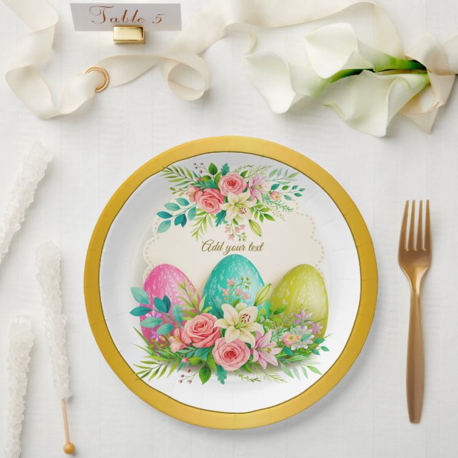 Floral Easter Eggs & Pink Roses Personalized Party Paper Plates (Wedding)