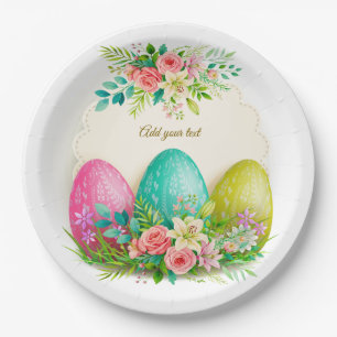 Floral Easter Eggs & Pink Roses Personalized Party Paper Plates