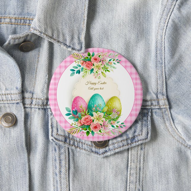 Floral Easter Eggs & Watercolor Pink Roses Button (In Situ)