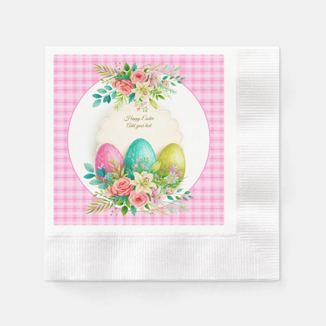 Floral Easter Eggs & Watercolor Pink Roses Napkins (Front)