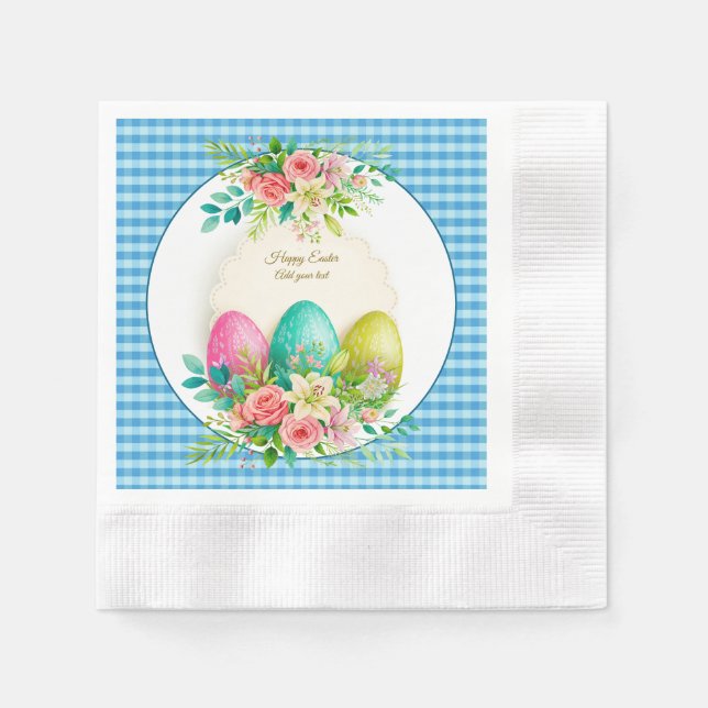 Floral Easter Eggs & Watercolor Pink Roses Napkins (Front)