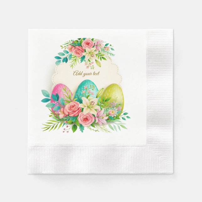Floral Easter Eggs & Watercolor Pink Roses Napkins (Front)