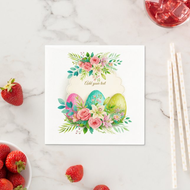 Floral Easter Eggs & Watercolor Pink Roses Napkins (Insitu)
