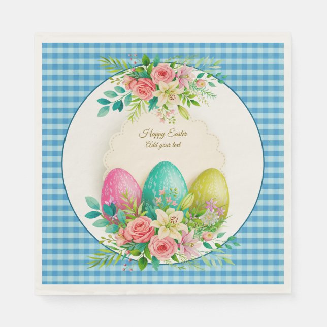 Floral Easter Eggs & Watercolor Pink Roses Napkins (Front)