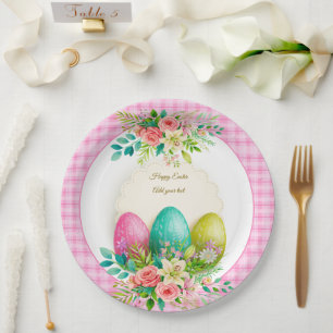 Floral Easter Eggs & Watercolor Pink Roses Paper Plates