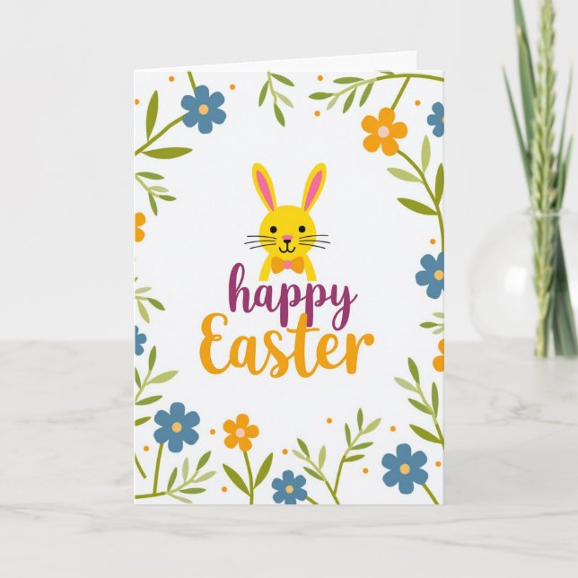 Floral Easter Rabbit Happy Card (Front)