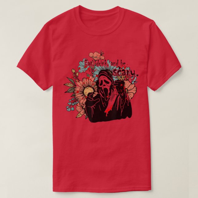 Floral Eat Drink And Be Scary Screaming Ghost Hall T-Shirt (Design Front)