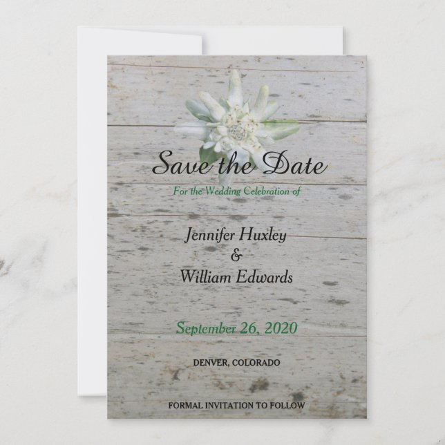 Floral Edelweiss alpine flower Barn wood Wedding Save The Date (Front)