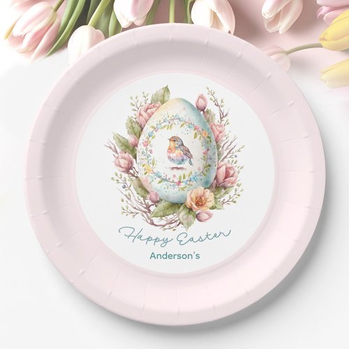 Floral Egg Bird Pink Vintage Family Name Easter Paper Plates