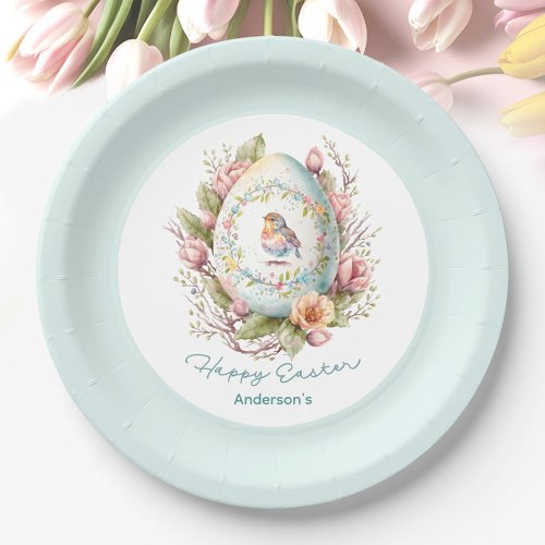 Floral Egg Blue Family Name Easter Brunch Paper Plates