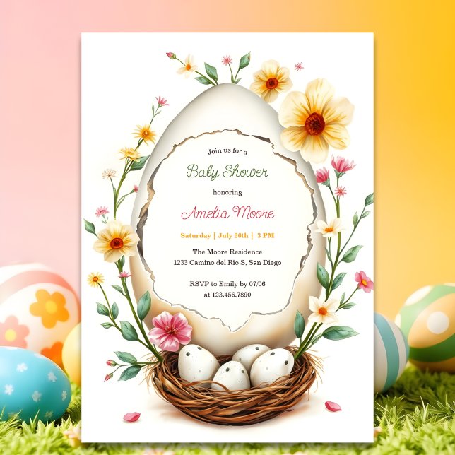 Floral Egg Nest Theme Easter Baby Shower Invitation (Personalized Baby Shower Invitation Floral Egg Nest Theme)