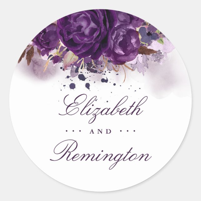 Floral Eggplant Purple Watercolor Wedding Classic Round Sticker (Front)