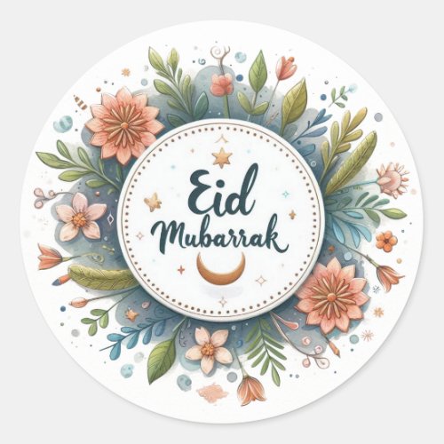 Floral Eid Mubarak Classic Round Sticker