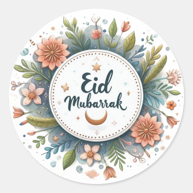 Floral Eid Mubarak Classic Round Sticker (Front)