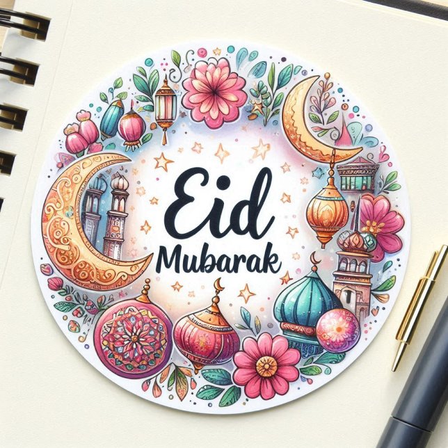 Floral Eid Mubarak Classic Round Sticker (Eid Sticker)