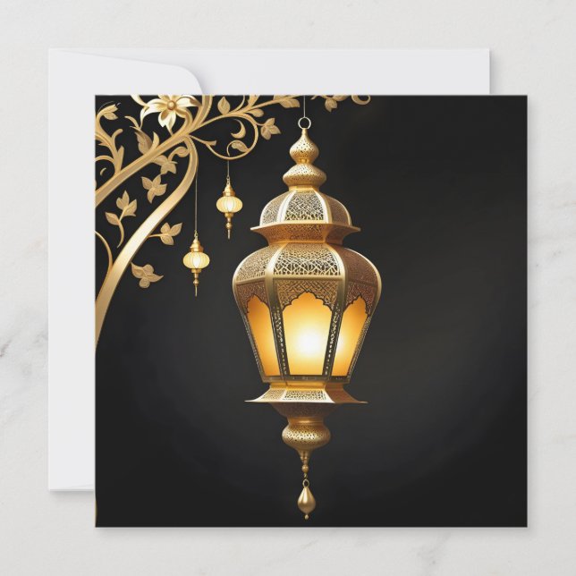 Floral Eid Mubarak Islamic Lantern Black Gold Holiday Card (Front)