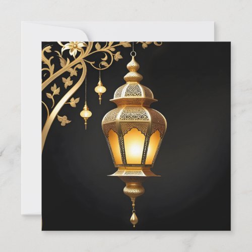 Floral Eid Mubarak Islamic Lantern Black Gold Holiday Card