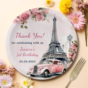 Floral Eiffel Tower Paris 1st Birthday Party Paper Plates
