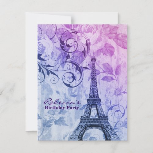 paris eiffel tower floral vintage birthday party personalized invitation