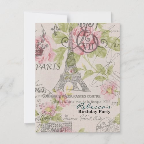 floral eiffel tower Paris birthday party Invitation