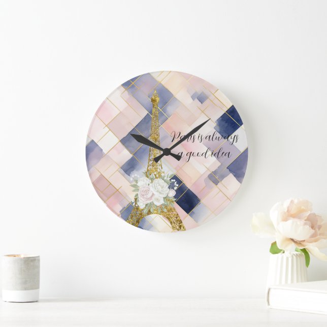 Floral Eiffel Tower Paris is Always A Good Idea Large Clock (Home)