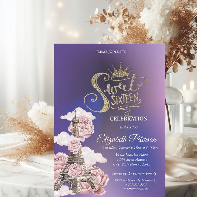 Floral Eiffel Tower Violet Sweet 16 Invitation (Creator Uploaded)