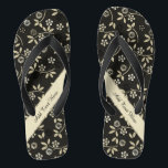 Floral Elegance Flip Flops - Customize<br><div class="desc">Lovely floral leaves theme in delicate light gold pattern over black with diagonal light gold stripe. These flip flop sandals have text areas ready for you to customize or delete.</div>