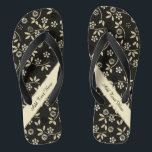 Floral Elegance Flip Flops - Customize<br><div class="desc">Lovely floral leaves theme in delicate light gold pattern over black with diagonal light gold stripe. These flip flop sandals have text areas ready for you to customize or delete.</div>