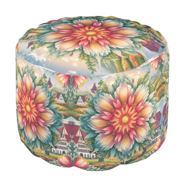 Floral Elegance: German Stamp Art Poufs (Angled Front)