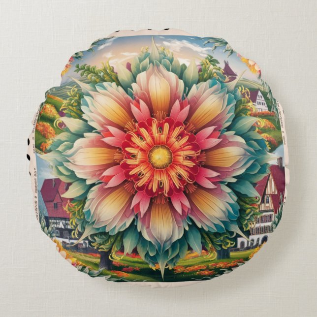 Floral Elegance: German Stamp Art Round Pillow (Front)