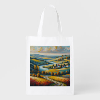 Floral Elegance Meets Scenic Serenity Grocery Bag