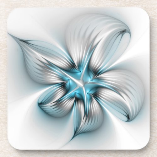 Floral Elegance Modern Abstract Blue Fractal Art Beverage Coaster