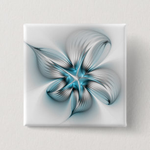 Floral Elegance Modern Abstract Blue Fractal Art Button