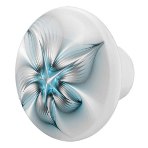 Floral Elegance Modern Abstract Blue Fractal Art Ceramic Knob