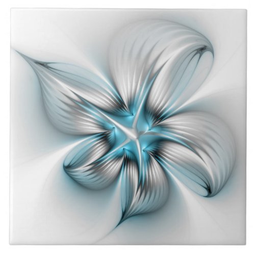 Floral Elegance Modern Abstract Blue Fractal Art Ceramic Tile